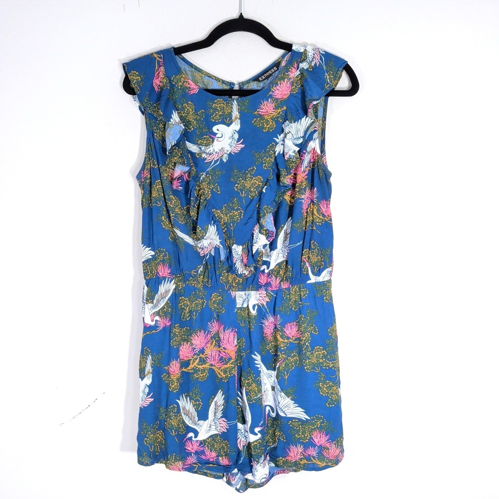 Express Blue Floral Romper; Crane Print Ruffle Sleeveless V-Neck